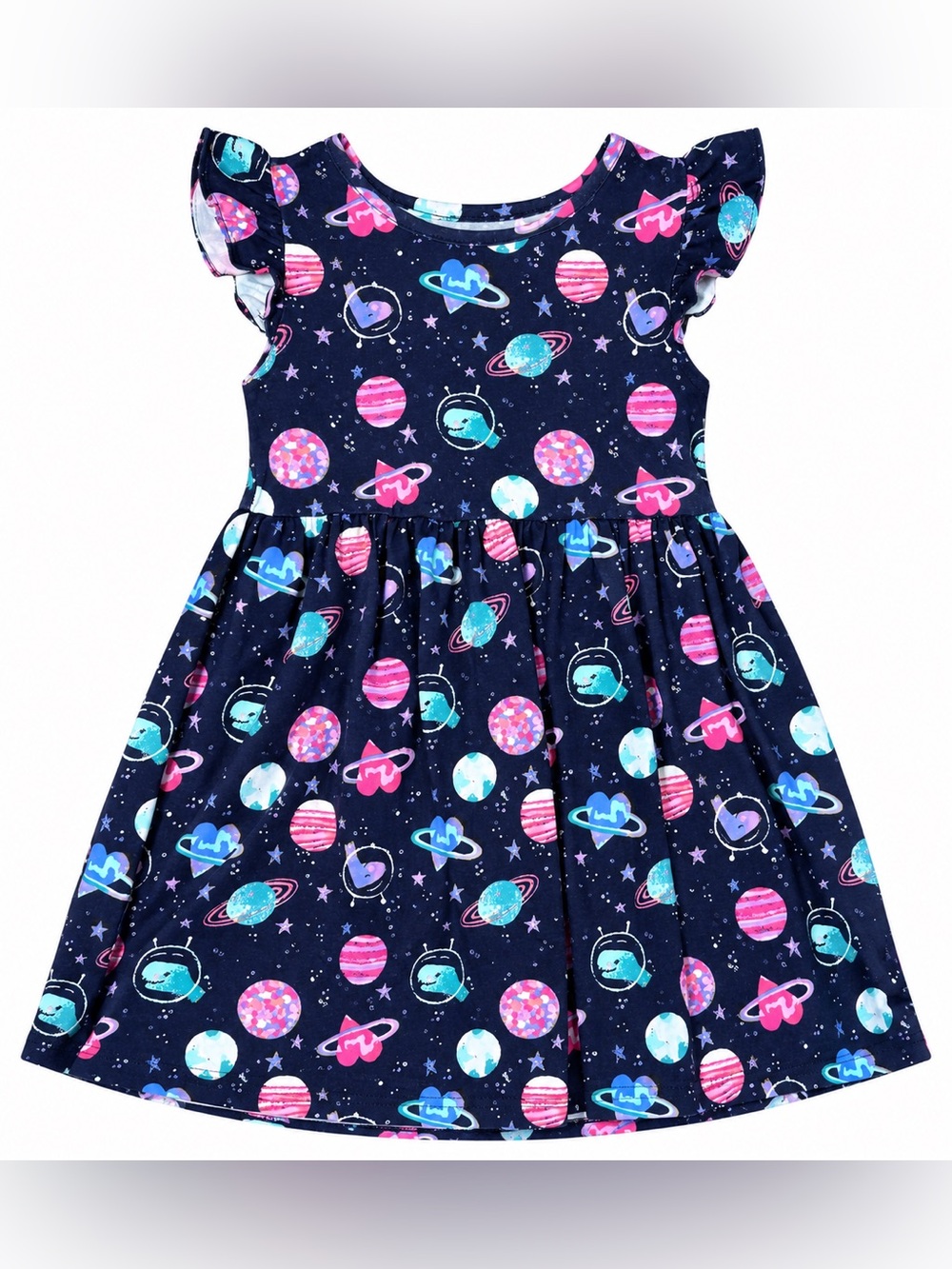 Toughskins Girls 4T Navy Space Planets Flutter Sleeve Dress